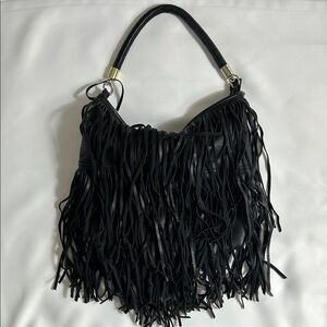 H&M Solid Black Full Fringe One Handle Boho Shoulder Bag Zip Top Closure